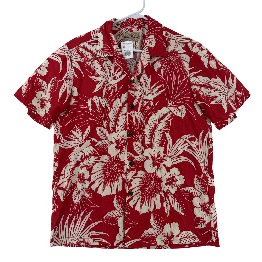 Blue Hawaii Shirt Mens Small Red Floral Hawaiian Short Sleeve Aloha NWT